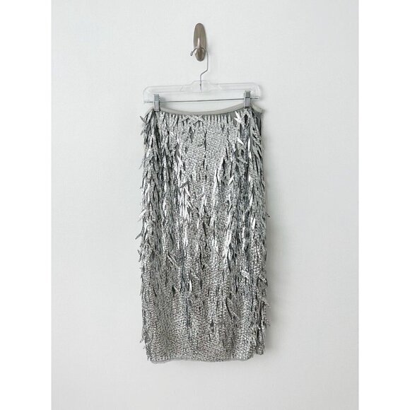 NWT Anthropologie Sequin Fringe Skirt 0P Silver Pencil Cocktail HTF - Picture 6 of 11